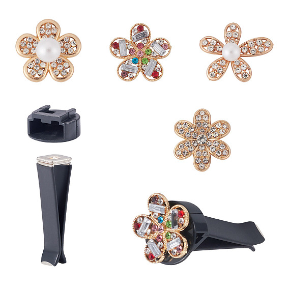 Комплекты зажимов для вентиляционных отверстий, 4шт. 4 стили цветочные сплавные кабошоны со стразами, с 4пластиковым слотом для карт и железными зажимами для вентиляционного отверстия