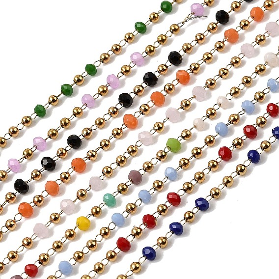 304 цепные цепи из нержавеющей стали, рондель, со стеклом, ионное покрытие (ip), реальный 18 k позолоченный, пайки, с катушкой