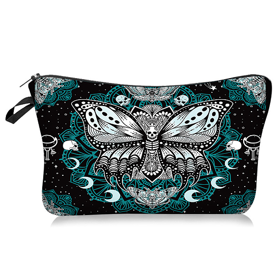 Прямоугольные косметические сумки из полиэстера, Сумочки на молнии с принтом черепа и бабочки для хранения косметики