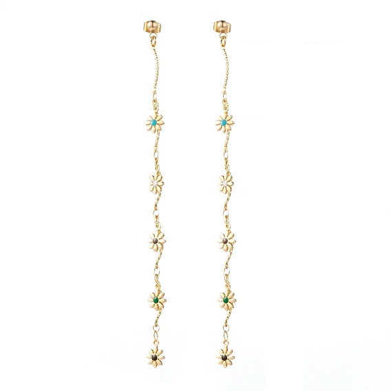 Brass Enamel Chain Tassel Earrings, with 304 Stainless Steel Stud Earring Findings and Iron Ear Nuts, Flower,  Colorful