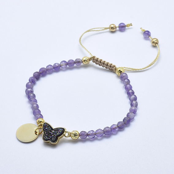 Natural Gemstone Braided Bead Bracelets, with Electroplated Natural Lava Rock Beads, Druzy Crystal, Nylon Cord and Brass Findings, Flat Round & Butterfly