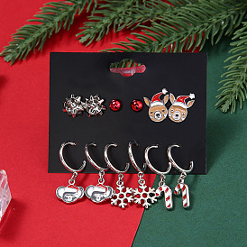 Cartoon Animal Cane Christmas Snowflake Bear Alloy Earrings - Set of 6.