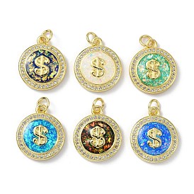 Brass Micro Pave Cubic Zirconia Pendants, with Synthetic Opal and Jump Ring, Real 18K Gold Plated, Flat Round with Dollar Shape