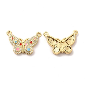 Brass Micro Pave Clear Cubic Zirconia Connetor Charms, with Enamel, Butterfly