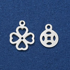 925 Sterling Silver Hollow Coin/Clover Charms, Silver Color Plated