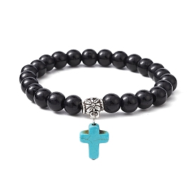 Synthetic Black Stone Round Beaded Stretch Bracelet, with Synthetic Turquoise Cross Charms