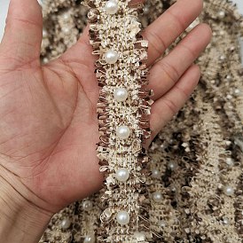 45 Yards Polyester Fringe Edged Lace Ribbon, with Plastic Pearl Beads, Clothes Accessories
