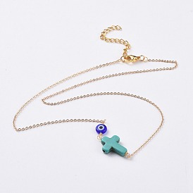 Cross Synthetic Turquoise Pendant Necklaces, with Flat Round Handmade Evil Eye Lampwork and Brass Cable Chains