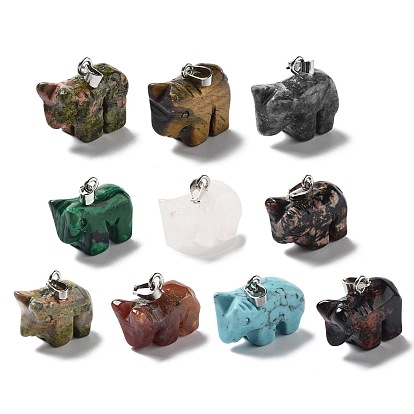 Mixed Gemstone Pendants, Hippo Charms with Platinum Plated Metal Snap on Bails, Mixed Dyed and Undyed