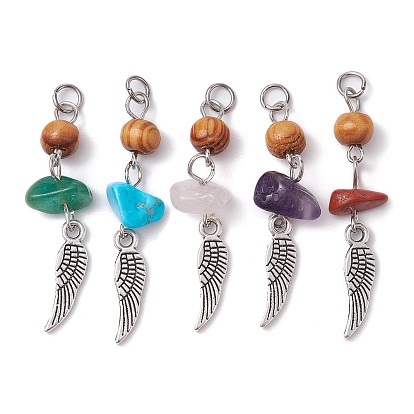 5Pcs 5 Styles Natural Mixed Gemstone Chip Pendants with Wood Beads, Tibetan Style Alloy Wing Charms