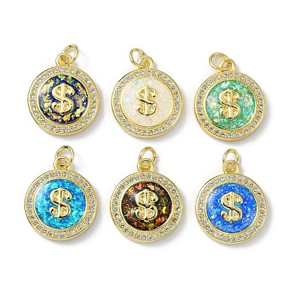 Brass Micro Pave Cubic Zirconia Pendants, with Synthetic Opal and Jump Ring, Long-Lasting Plated, Real 18K Gold Plated, Flat Round with Dollar Shape