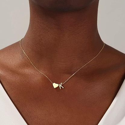 Collares con colgante de inicial y corazón de acero inoxidable quirúrgico ajustables de estilo simple para mujeres, real 316 k chapado en oro