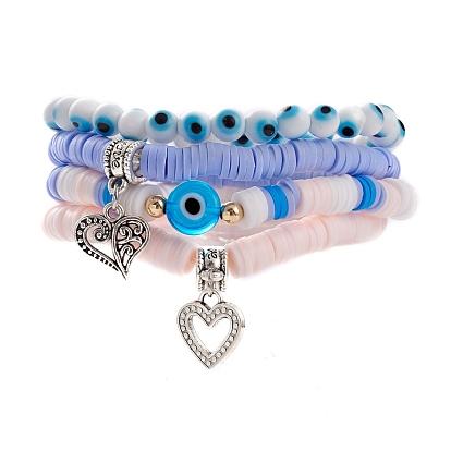 4Pcs Stretch Bracelets, with Polymer Clay Heishi Beads, Evil Eye Lampwork Beads, Brass Beads and Alloy Heart Pendants, Antique Silver & Platinum