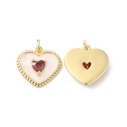 Brass Micro Pave Red Cubic Zirconia Pendants, with Enamel and Jump Ring, Heart Charms