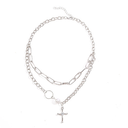 Hip-hop Pearl Cross Pendant Necklace - Unique Double-layered Love Butterfly Chain Item