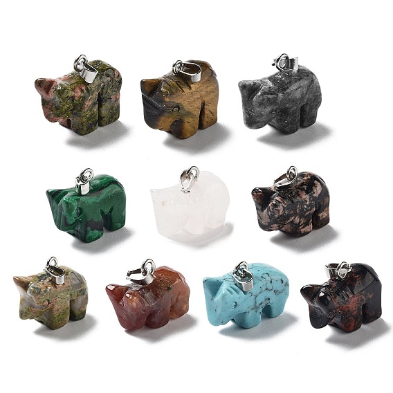 Mixed Gemstone Pendants, Hippo Charms with Platinum Plated Metal Snap on Bails, Mixed Dyed and Undyed
