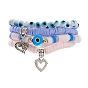 4Stück Stretch-Armbänder, mit polymer clay heishi beads, evil eye Glasperlen, Messingperlen und Herzanhänger aus Legierung, antikem Silber & Platin