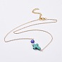 Cross Synthetic Turquoise Pendant Necklaces, with Flat Round Handmade Evil Eye Lampwork and Brass Cable Chains