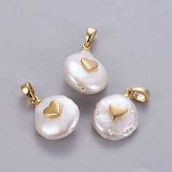 Natural Cultured Freshwater Pearl Pendants, with Brass Findings, Nuggets with Heart, Long-Lasting Plated