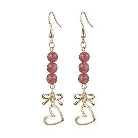 Natural Strawberry Quartz Dangle Earring, with Alloy Links Connectors and 304 Stainless Steel Earring Hooks, Heart