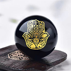 Natural Obsidian Crystal Ball Display Decoration, for Home Living Room Office Desk Decoration, Hamsa Hand/Hand of Miriam Pattern