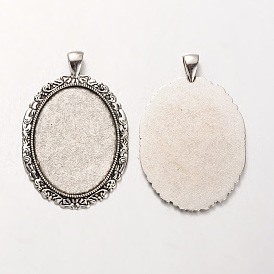Tibetan Style Alloy Oval Pendant Cabochon Settings, Cadmium Free & Lead Free, 58x38x2mm, Hole: 5x7mm, Tray: 30x40mm, about 108pcs/kg