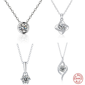 925 Sterling Silver Geometric Pendant Necklace with Moissanite Stone and Diamond, Elegant Fashion Collarbone Chain Jewelry