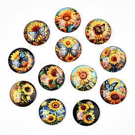 Glass Cabochons, Half Round with Sunflower Pattern