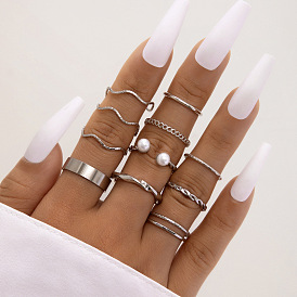 Minimalist Wave and Twisted Pearl Joint Ring Set (11 Pieces)