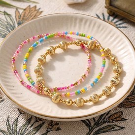 Boho-Stretch-Armbandsets aus Messing und Glasperlen, 3-strängige, verstellbare, stapelbare Armbänder