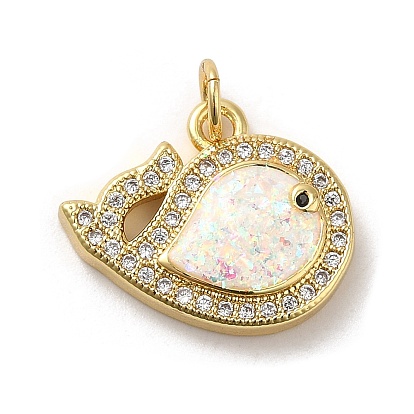 Rack Plating Brass Micro Pave Cubic Zirconia with Synthetic Opal Pendants, with Jump Ring, Lead Free & Cadmium Free, Long-Lasting Plated, Fish, Real 18K Gold Plated
