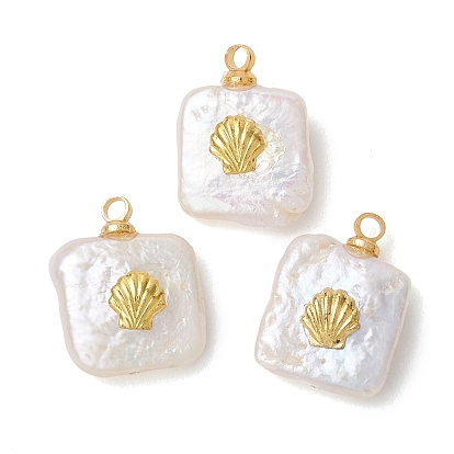 Подвески из натурального барочного жемчуга кеши, квадратные подвески с латунной пластинкой в форме ракушки, белые