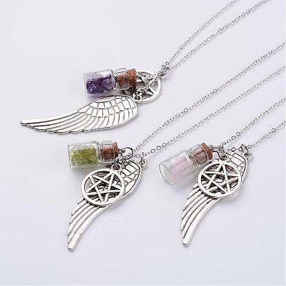 Alloy Pendant Necklaces, Wing and Star, with Gemstone Beads, Glass Bottles and Brass Chain