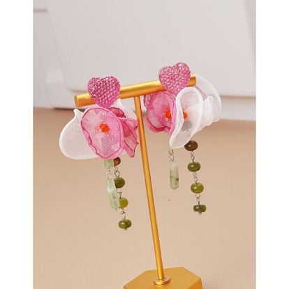 Temperament heart-shaped earrings jade beaded tassel earrings retro sweet fabric flower earrings earrings