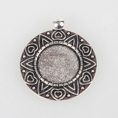Vintage Tibetan Style Alloy Carved Heart Pendant Cabochon Bezel Settings, Cadmium Free & Lead Free, Flat Round Tray: 18mm, 37x32x2mm, Hole: 4mm, about 191pcs/kg