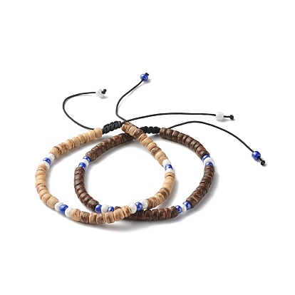 Natural Coconut Rondelle Beads Adjustable Bracelets Set for Girl Women, Glass Braided Bead Bracelet