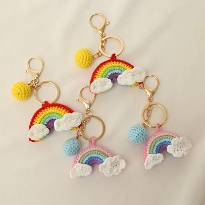 Cotton Crochet Rainbow Keychain, Rainbow Metal Key Rings