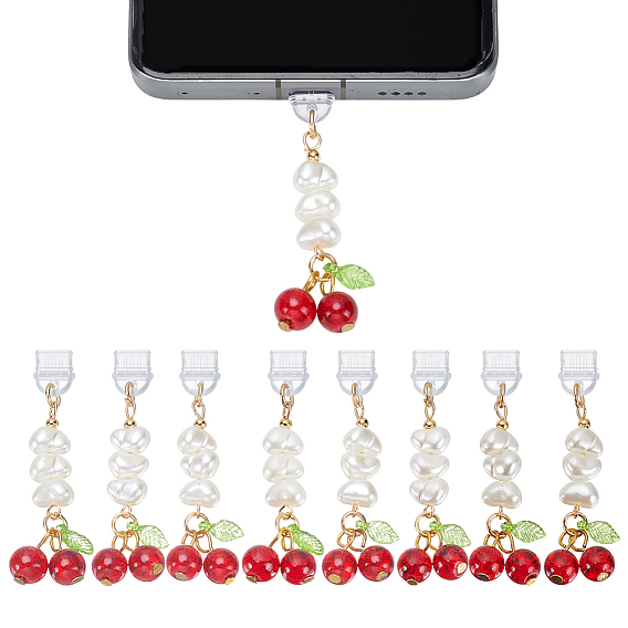 10шт пластиковые мобильные пылезащитные заглушки, вишня, с подвесками из искусственного жемчуга из АБС-пластика, акрила, стекла и эмалевого сплава, золотые