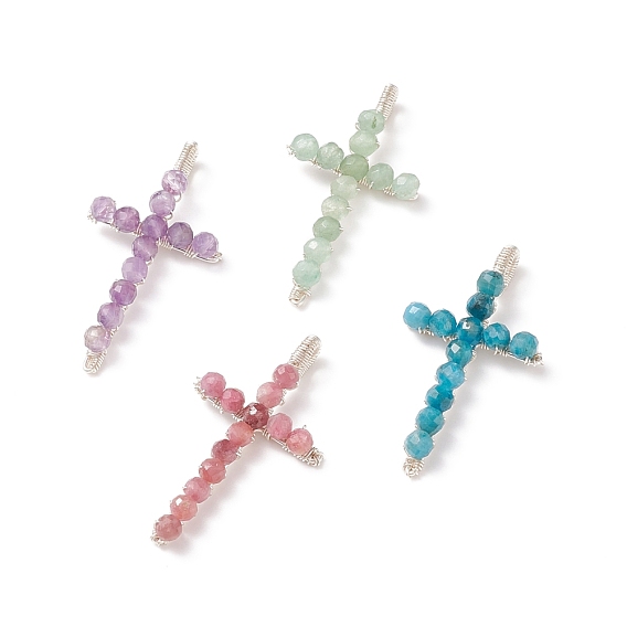 Подвески из круглых бусин с натуральными драгоценными камнями, с посеребренными латунными выводами, крест прелести