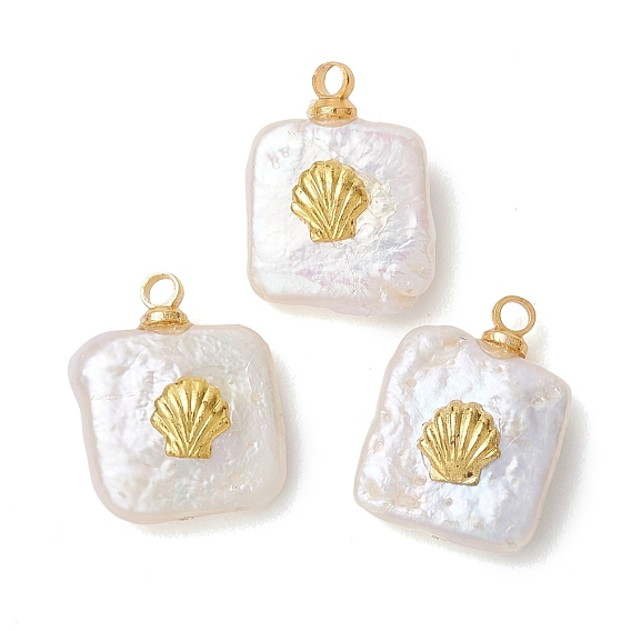 Подвески из натурального барочного жемчуга кеши, квадратные подвески с латунной пластинкой в форме ракушки, белые