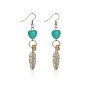 Long Dangling Howlite Heart Earrings for Women, with Antique Silver Feather Pendants, Iron Rhinestone Beads and Brass Earring Hooks, 55mm