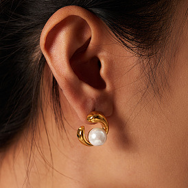 Fashionable Titanium Steel and 18K Gold Geometric Pearl Earrings with Stainless Steel Pearls