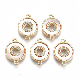 Brass Micro Pave Clear Cubic Zirconia Links Connectors, with White Sea Shell, Nickel Free, Flat Round