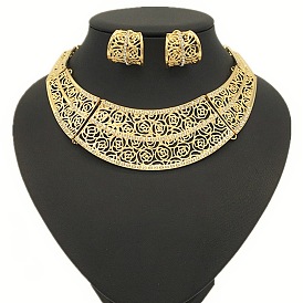 Ожерелья и серьги-кольца из сплава с узором «роза» и кристаллами горного хрусталя