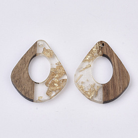 Transparent Resin & Walnut Wood Pendants, with Foil, Waxed, Teardrop