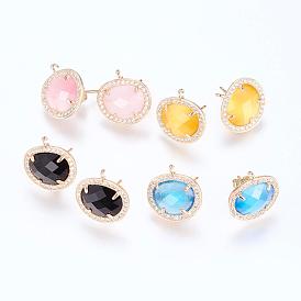 Brass Micro Pave Cubic Zirconia Stud Earring Findings, with Loop, Glass and Cat Eye, Oval, Golden