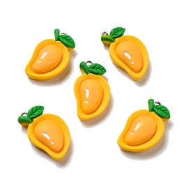 Opaque Resin Pendants, with Platinum Tone Iron Loops, Imitation Fruit, Mango