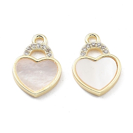 Valentine’s Day Brass Micro Pave Clear Cubic Zirconia Pendants, with Shell, Heart