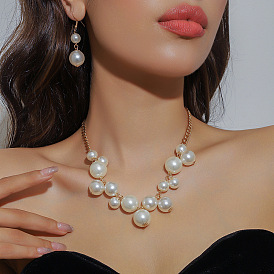 Комплекты ожерелий и серег с подвесками из сплава и круглого пластикового жемчуга, золотые