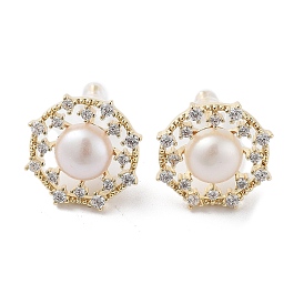 Flat Round Natural Pearl Stud Earrings with Brass Micro Pave Cubic Zirconia and 925 Sterling Silver Pins